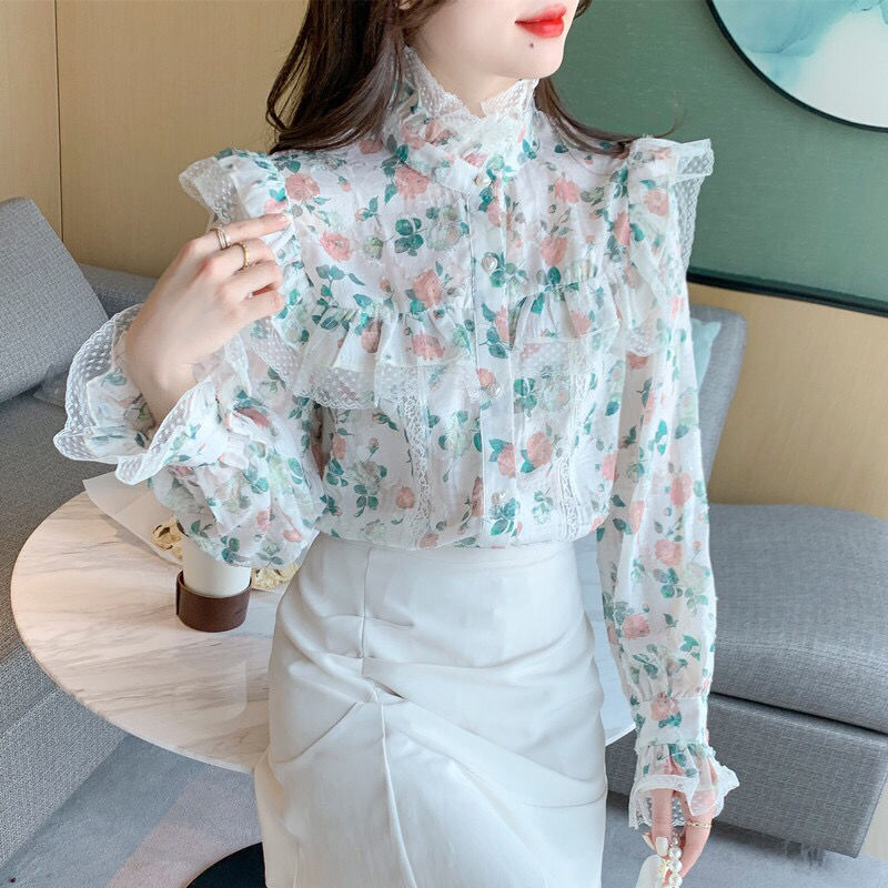 Winter Clothing Vintage - เสื้อชีฟองพิมพ์ลายวินเทจ แขนบาน ผ้าโปร่งบาง เสื้อผ้าผู้หญิง ฤดูใบไม้ร่วง ฤดูหนาว