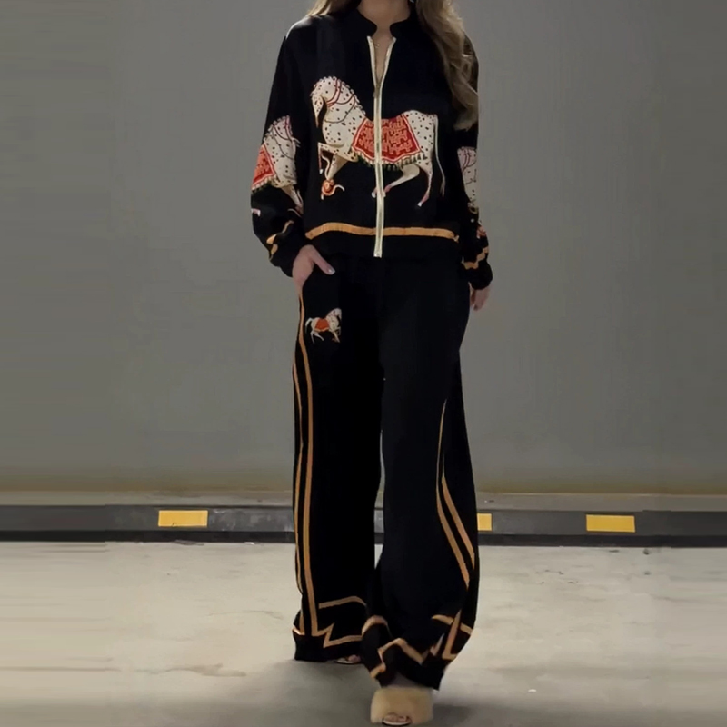 Winter Clothing Vintage - ชุดเสื้อโค้ทแขนยาวมีซิปและกางเกงลายสัตว์สไตล์วินเทจ สำหรับฤดูใบไม้ร่วงและฤดูหนาว ชุดลำลองสปอร์ตสำหรับผู้หญิง ดีไซน์หรูหราและหลวมสบาย