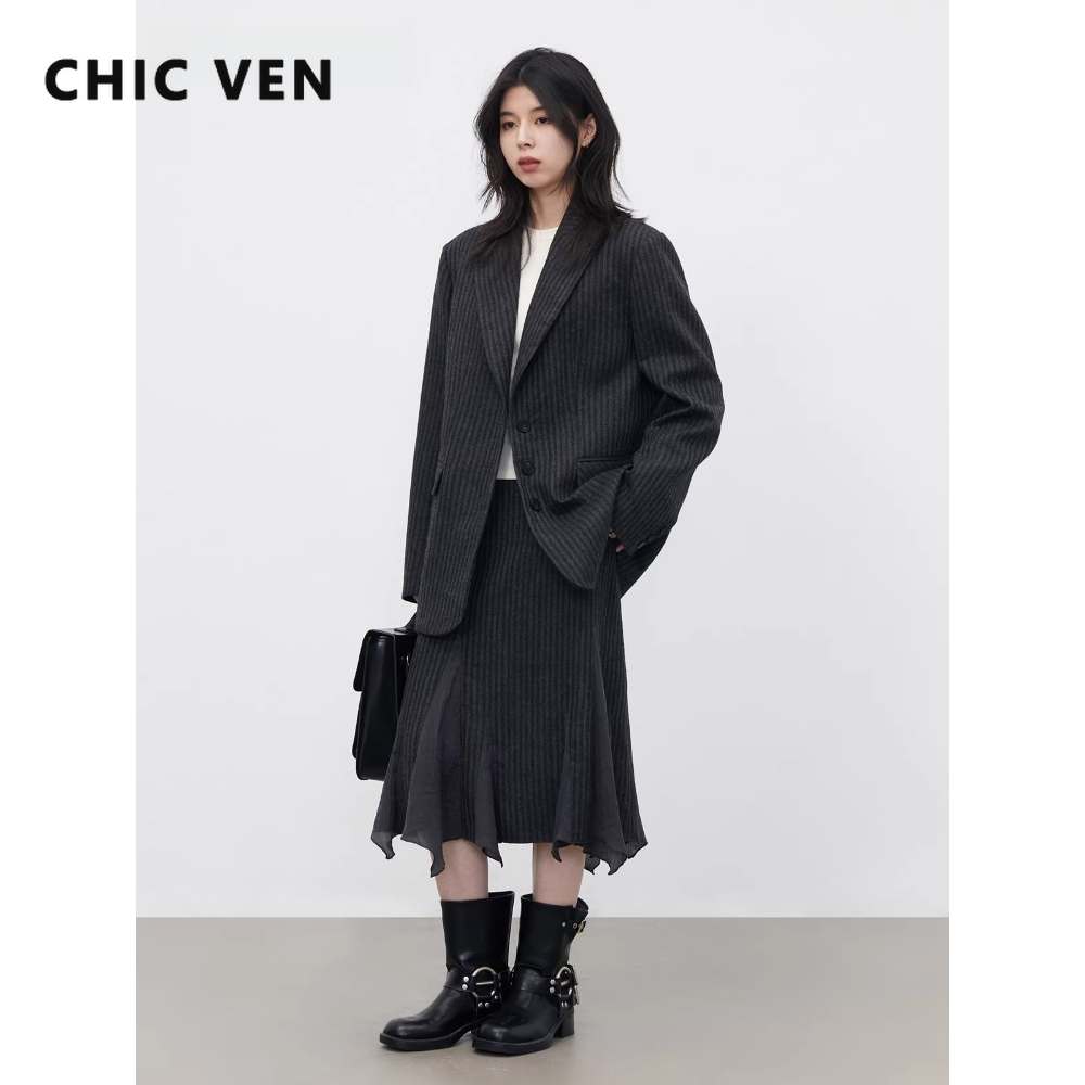 Wool Blend Coat - ชุดเซ็ตแฟชั่นผู้หญิง CHIC VEN เสื้อเบลเซอร์ผ้าขนสัตว์ทรงหลวม สไตล์ลำลอง ชุดทำงาน