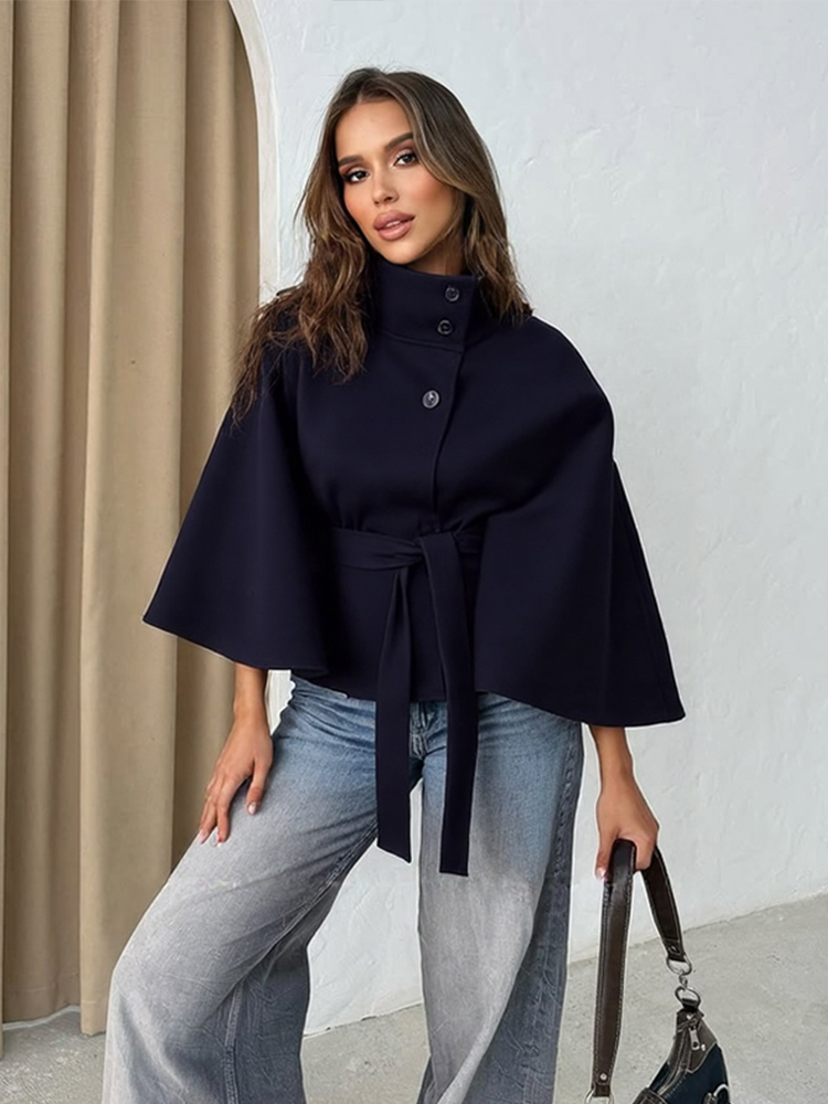 Wool Blend Coat - เสื้อโค้ทขนสัตว์ผสมทรงสั้นพร้อมเข็มขัดสำหรับผู้หญิง ดีไซน์เก๋ไก๋ คอตั้ง ติดกระดุม แขนสามส่วน เสื้อแจ็คเก็ตสำหรับฤดูใบไม้ร่วง
