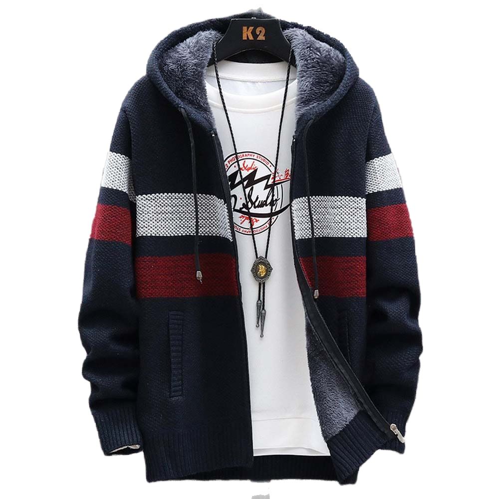 Wool Blend Coat - ผู้ชายลายเสื้อกันหนาวหนาขนแกะซิปขนสัตว์ Hooded เสื้อสเวตเตอร์ถักจัมเปอร์ผู้ชายแขนยาวถักเสื้อกันหนาว