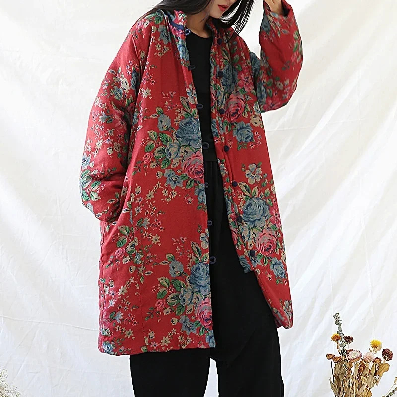Winter Clothing Vintage - เสื้อผ้าสไตล์จีน เสื้อโค้ทผ้าฝ้ายพิมพ์ลายดอกไม้ อุ่นสบาย รุ่นใหม่ ฤดูหนาว 2024