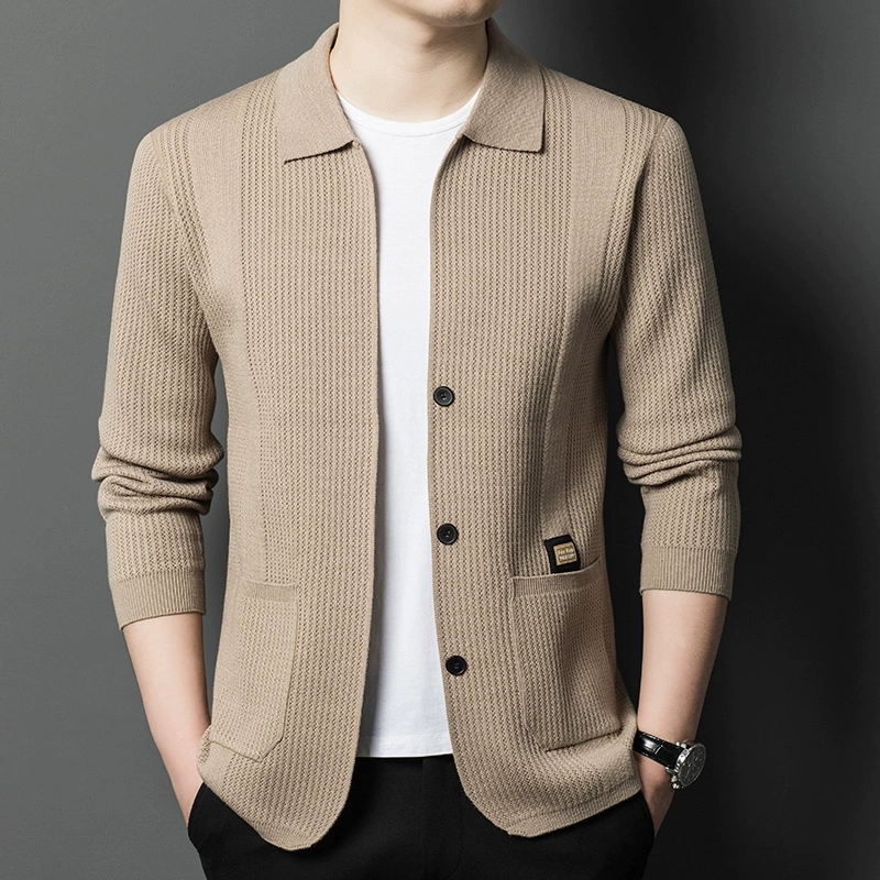 Winter Clothing Uae - เสื้อคาร์ดิแกนถักคุณภาพสูงสำหรับผู้ชาย สีพื้น เรียบง่าย สไตล์ธุรกิจ ปกเสื้อแบบปกเชิ้ต เสื้อโค้ทไหมพรม