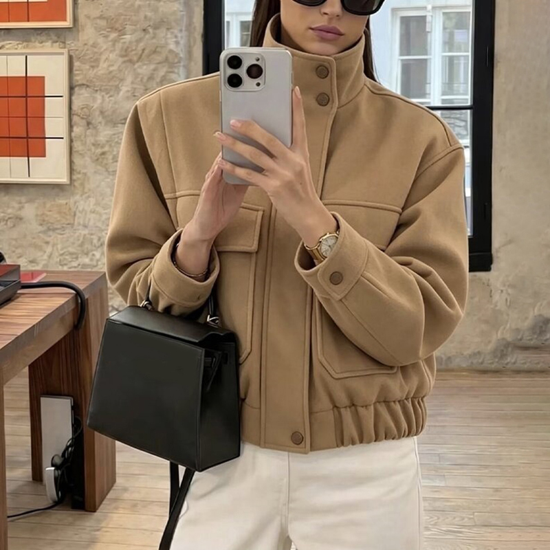 Wool Blend Coat - เสื้อแจ็คเก็ตนักบินสไตล์มินิมอลสำหรับผู้หญิง คอตั้ง สีพื้น แขนยาว มีซิปและกระเป๋า ทรงหลวม