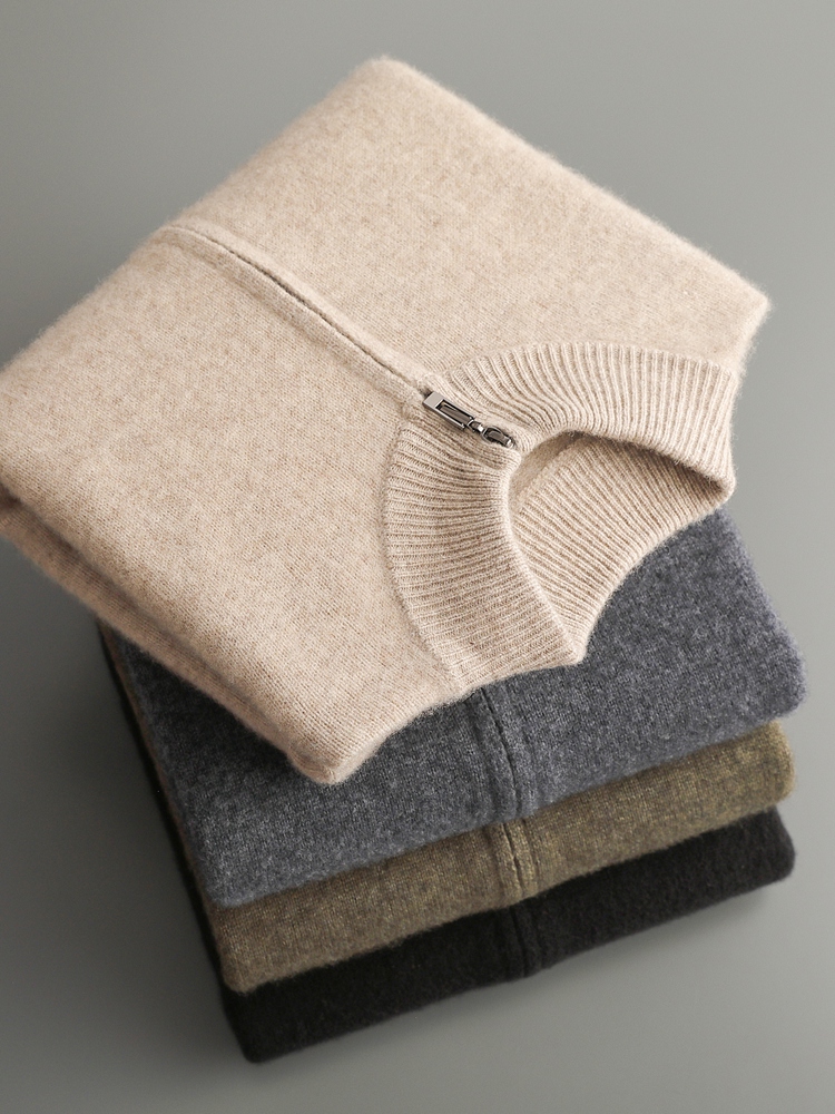 Wool Blend Coat - ขนสัตว์ Merino 100% ผู้ชายเสื้อถักเสื้อสเวตเตอร์ถักฤดูใบไม้ร่วงฤดูหนาวหนาซิปเสื้อกันหนาว Mock คอแคชเมียร์เรียบง่ายสบาย