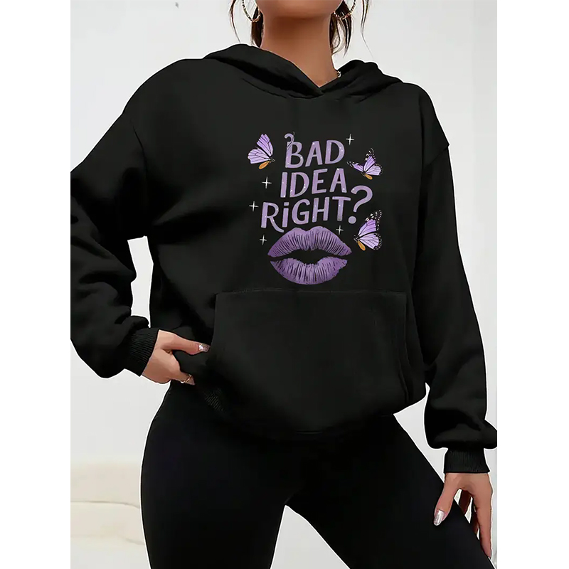 Winter Clothing Ideas - เสื้อฮู้ดดี้สีดำสำหรับผู้หญิง ข้อความ 