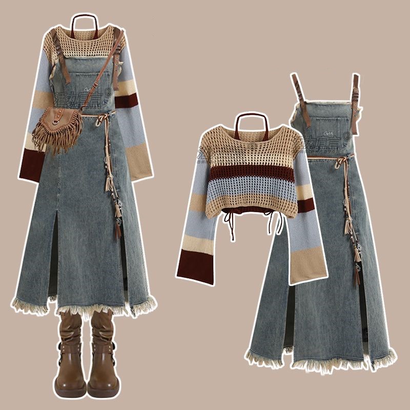Winter Clothing Vintage - ชุดเซ็ตกระโปรงยีนส์วินเทจใหม่ประจำฤดูใบไม้ผลิปี 2026 เสื้อถักทรงหลวมแบบโปร่งสำหรับผู้หญิง + ชุดเดรสผ่าข้างเซ็กซี่แบบสองชิ้น