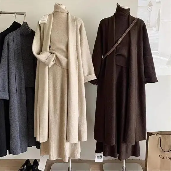 Winter Clothing Sales - สามชิ้นชุดผู้หญิงยาวเสื้อกันหนาว 2025 ชุดจัมเปอร์ถักฤดูใบไม้ผลิฤดูใบไม้ร่วงฤดูหนาวถักเสื้อสเวตเตอร์ถัก Y2k กระโปรงเอวสูง