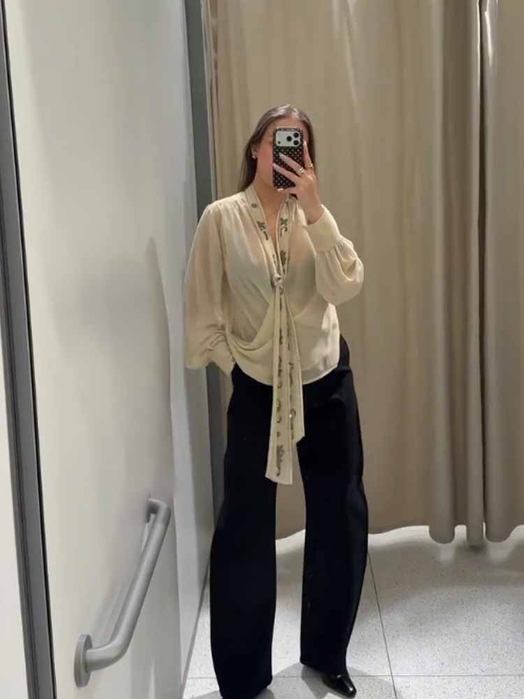Winter Clothing Vintage - เสื้อผู้หญิงแฟชั่นฤดูร้อน แขนยาว คอวีลึก ผ้าจอร์เจตต์ ประดับลูกปัด ผ้าคลุมไหล่ตกแต่ง