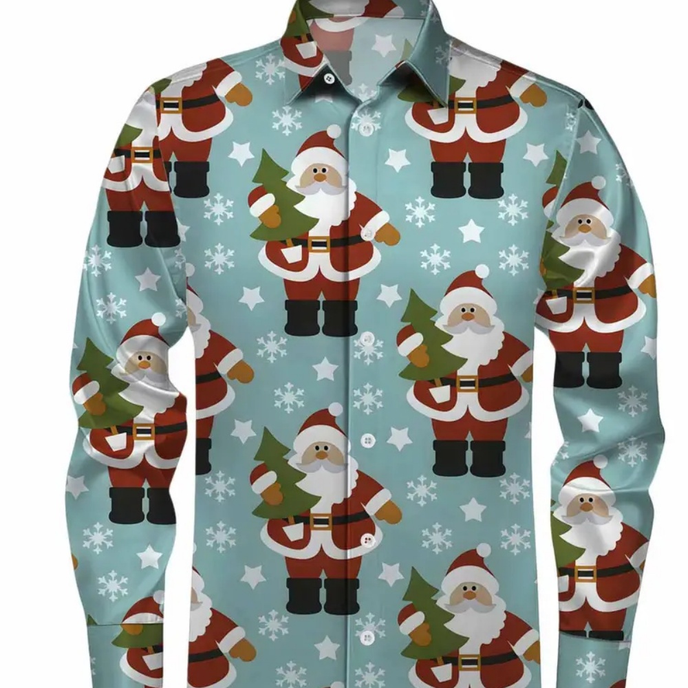 Winter Clothing Ideas - เสื้อเชิ้ตแขนยาวพิมพ์ลายคริสต์มาสสำหรับผู้ชาย ปกเสื้อติดกระดุม สวมใส่สบาย เหมาะสำหรับงานปาร์ตี้ฤดูหนาว ไอเดียของขวัญคริสต์มาสสุดทันสมัย