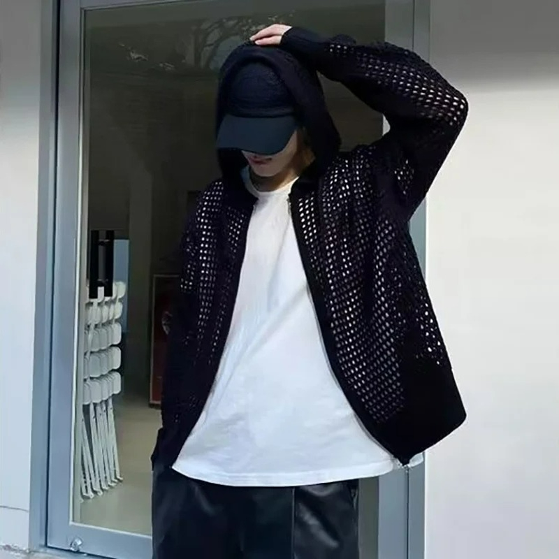 Wool Blend Coat - เสื้อโค้ทลำลองผู้ชายแบบโปร่ง ระบายอากาศได้ดี เสื้อคาร์ดิแกนถักน้ำหนักเบาสำหรับฤดูร้อน มีฮู้ด สไตล์เกาหลี แฟชั่นสตรีทแวร์