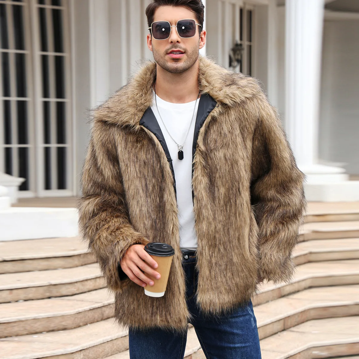 Winter Clothing Uae - ผู้ชายFaux Foxขนสัตว์เสื้อแจ็คเก็ตฤดูหนาวหนาหนาแขนยาวWarm Shaggy Jacketหรูหราเสื้อขนสัตว์Bontjasแจ็คเก็ตบุรุษ