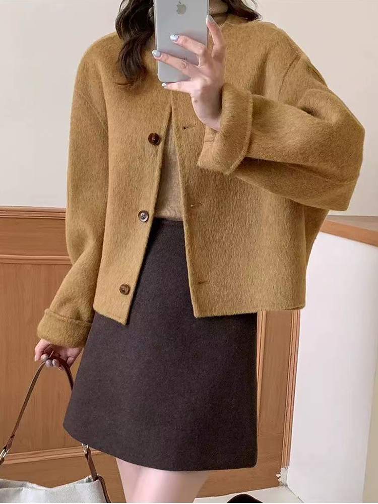 Wool Blend Coat - เสื้อโค้ทขนสัตว์เทียมสำหรับผู้หญิง สไตล์เกาหลี เรียบหรู ทรงหลวม กระดุมแถวเดียว แจ็คเก็ตครอป