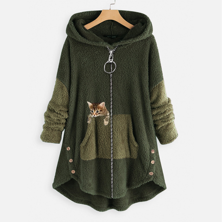 Wool Blend Coat - เสื้อแจ็คเก็ตแฟชั่นผู้หญิงสำหรับฤดูใบไม้ผลิและฤดูใบไม้ร่วง เสื้อฮู้ดผ้าพลัชทรงหลวม สีสันสไตล์เกาหลี เสื้อโค้ทผู้หญิง กางเกงขายาว ผ้าผสมขนสัตว์