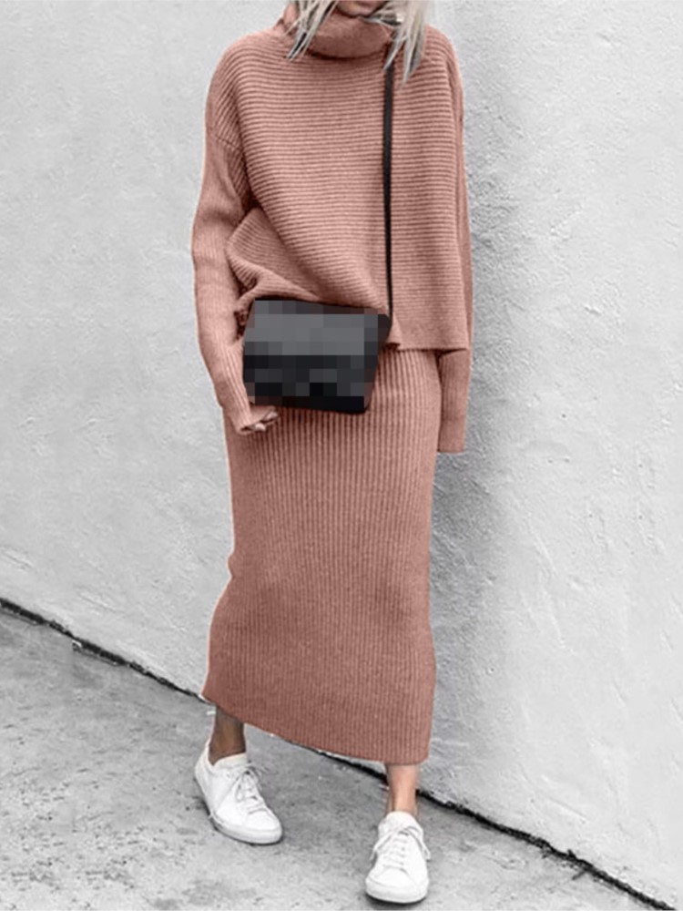 Winter Clothing Sales - ชุดกระโปรงยาวปานกลางแบบทอสำหรับผู้หญิงคอลเลคชั่นฤดูใบไม้ร่วง-ฤดูหนาว สีพื้น เรียบง่าย สวมใส่สบาย พร้อมเสื้อสเวตเตอร์แขนยาวคอสูง อุ่นสบาย