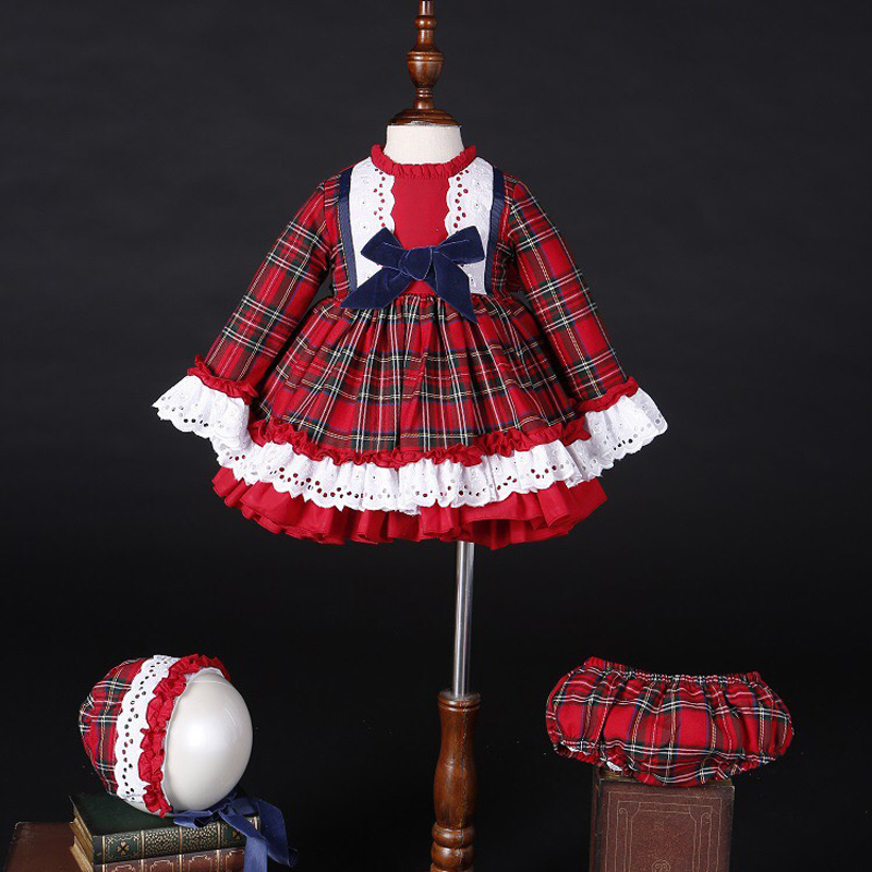 Winter Clothing Vintage - เด็กผู้หญิงฤดูใบไม้ร่วงฤดูหนาวคริสต์มาสลายสก๊อตสีแดงวินเทจสเปนปอมปอมบอลชุดเจ้าหญิงผ้าฝ้ายโลลิต้าเสื้อผ้าปาร์ตี้หมวกกางเกง C5