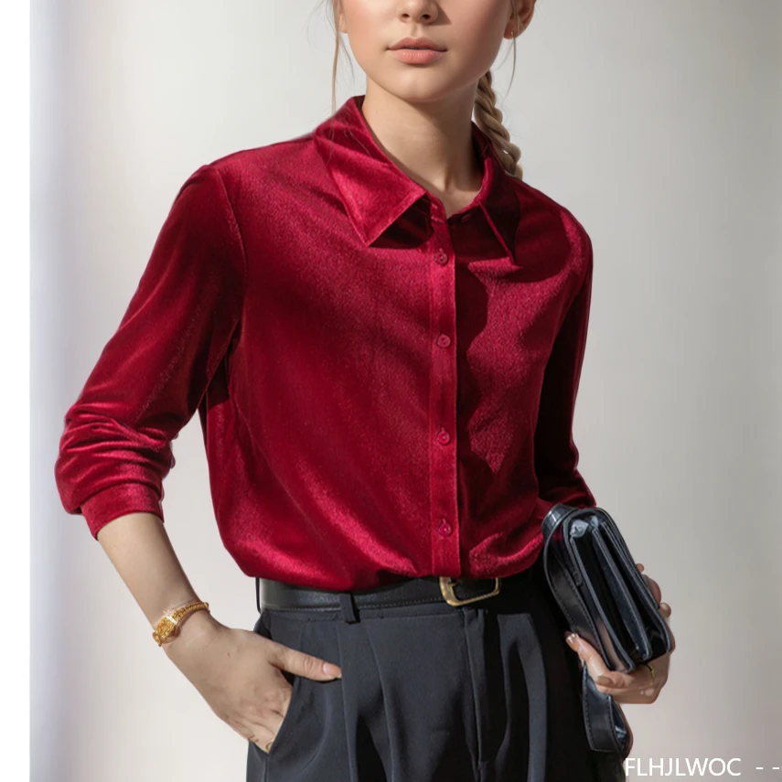 Winter Clothing Vintage - เสื้อกำมะหยี่สีดำสีแดงดีไซน์ใหม่สำหรับผู้หญิง2024คนเสื้อสำนักงานแขนยาวหรูหราสไตล์ฝรั่งเศสย้อนยุคเสื้อยืดวินเทจ